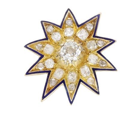 A late 19th century enamel and diamond star jewel, centred with a brilliant-cut diamond, the rays pavé-set with graduated old