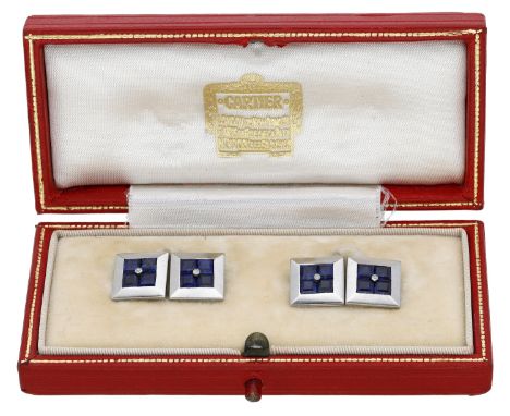 A pair of Art Deco sapphire and diamond cufflinks, French, circa 1930, attributed to Cartier, double-sided, the square panels