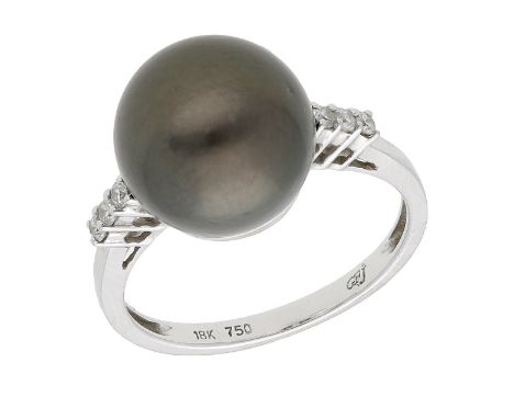 A cultured pearl and diamond ring, the cultured pearl of black tint, measuring approximately 11.8mm, between brilliant-cut di