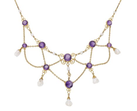 An early 20th century amethyst and freshwater pearl necklace, the circular-cut amethysts between swag connections and suspend