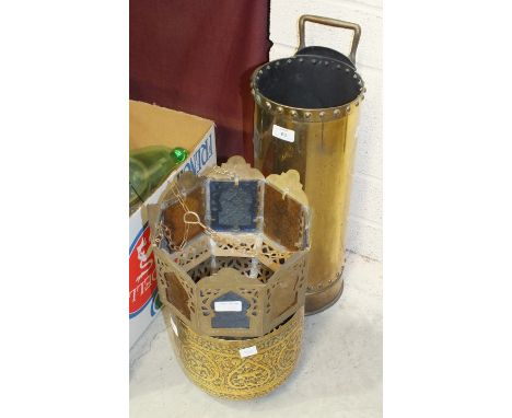 A brass cylindrical coal hod with handle, constructed from a fire extinguisher, 53.5cm high overall, a brass jardinière decor