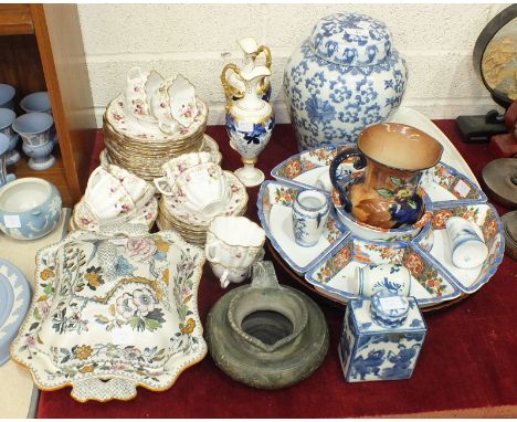 A pair of Gebr Heubach jugs with blue leaf and gilt decoration, 21cm, (a/f), thirty-five pieces of Melba floral-decorated tea
