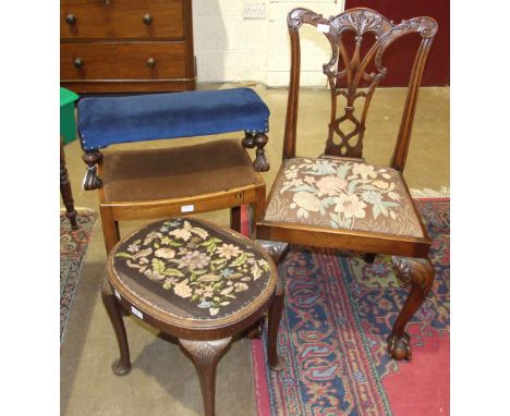 A rectangular foot stool on short Braganza legs, two other stools and a Chippendale-style dining chair, (4).