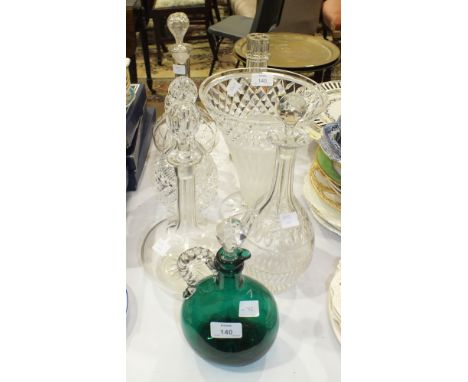 A Bristol green glass flask with white glass handle and later stopper, 23cm high, a cut-glass jug and stopper and other glass