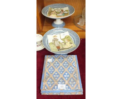 Four Mintons Hollins &amp; Co. ceramic tiles, a pair of blue and painted tazze and a painted white glass vase.