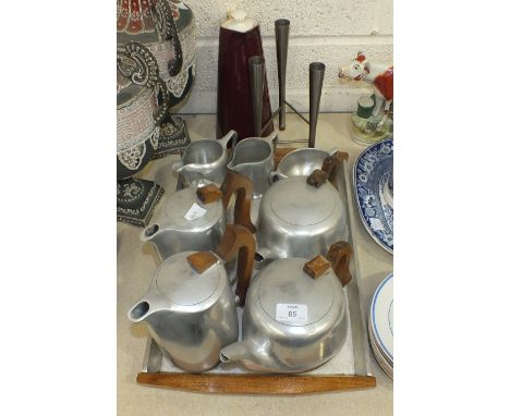 Two four-piece Picquot ware tea services, on tray, The Chiltern Jug by Acme vacuum flask and miscellaneous items.