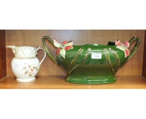An early-20th century Austrian two-handled green glass planter decorated with flowers, 46cm long, 22cm high and a 19th centur