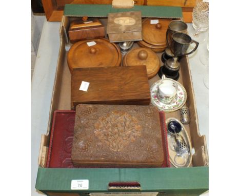 A collection of various wooden boxes, a Ronson's plated table lighter, a framed wall mirror and miscellaneous items.