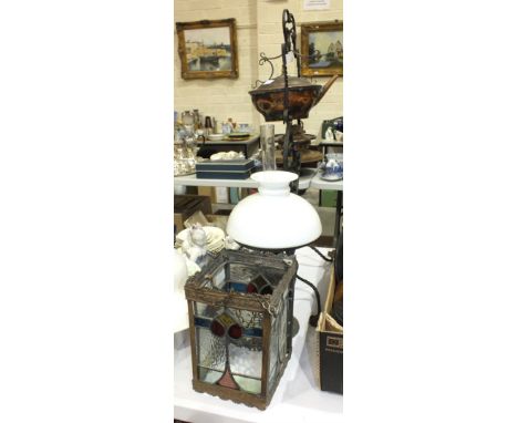 An early-20th century leaded-light square-form hall lantern, 26cm high, a copper spirit kettle on wrought iron stand, 76cm hi