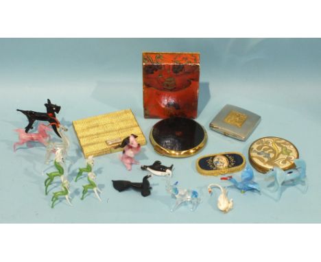 A Revlon "Love Pat" Rachel square gilt metal compact with paste-set clasp, 82 x 67mm, others and a small collection of glass 