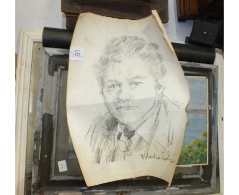 R O Lenkiewicz, 'A pencil sketch of a young man', signed, 42 x 30cm, (rolled, foxed, torn edges), C Kensington 'SS Geelong', 