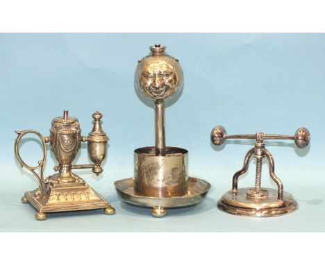 A 19th century plated smoker's stand with ashtray, cigarette holder and "Man in the Moon" ball table lighter, 21cm high, stam