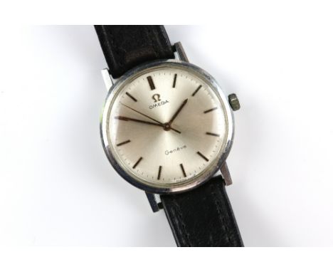 Vintage Omega wristwatch, 34mm stainless steel case, featuring a silvered dial with baton hour markers, powered by an Omega c