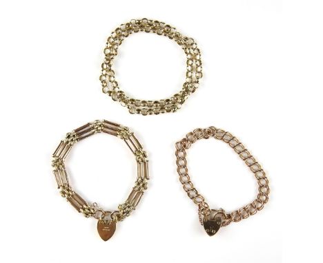 Vintage gate bar link bracelet with heart clasp hallmarked 9 ct yellow gold, another similar bracelet with heart clasp and a 