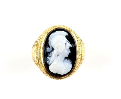 Sardonyx cameo signet ring, depicting Minerva, Roman goddess of wisdom and military strategies, both shoulders ornately engra