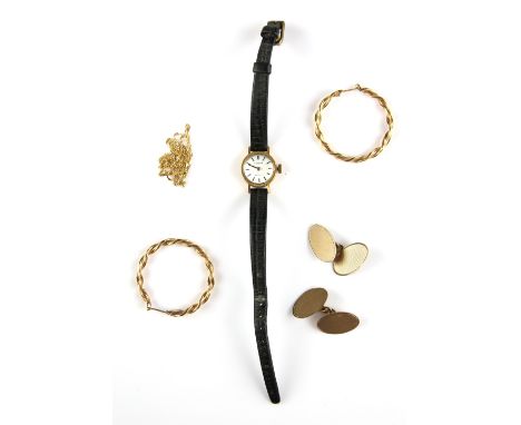 Mixed group of gold items, vintage ladies gold Tissot Stylist, 17 Jewel movement, in 18 ct gold case and leather strap, with 