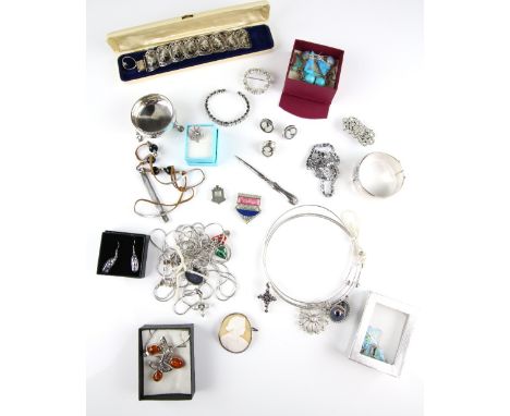 Selection of silver and costume jewellery, including four silver choker necklaces with gemstone pendants, five modern gemston