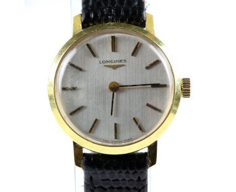 A Longines Ladies wrist watch&nbsp; the&nbsp;silvered signed dial with baton&nbsp;hour&nbsp;markers and black and gilt &nbsp;