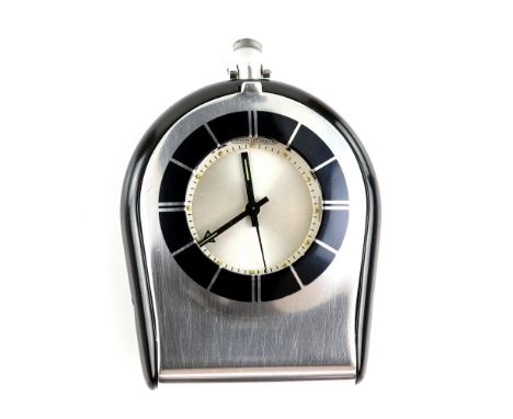 Jaeger Le Coultre travel alarm clock, with black enamel bezel opening to reveal a signed&nbsp;silvered dial with Roman numera