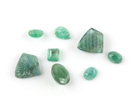 Mixed group of loose emeralds, two carved emerald pieces, floral motif, approximately 15 x 9mm each, with oval cut emerald, e