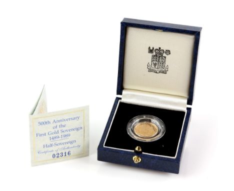 Royal Mint 500th Anniversary of the first Gold Sovereign 1489-1989 Half Sovereign Proof. With Certificate stamped 02316 in pr