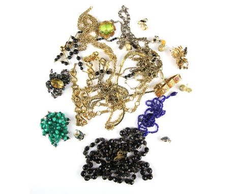 Selection of vintage costume jewellery, including gold-tone necklaces and brooches, an enamel and Swarovski crystal fish broo