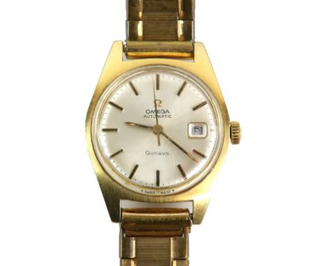 Omega, ladies Reference 566.012 wristwatch, in yellow metal case, the signed silvered dial with baton hour markers, date at t