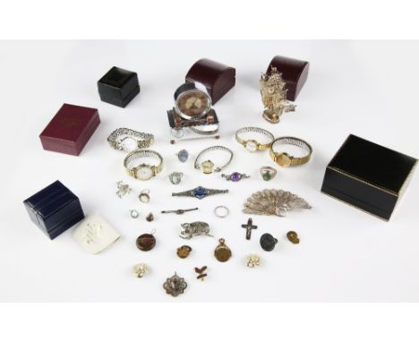 Selection of costume jewellery and watches, including a silver ring, earrings and brooches, together with five ladies wristwa