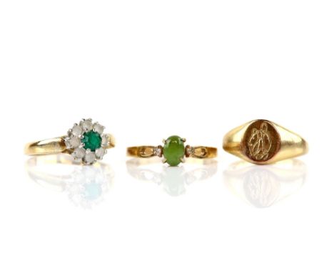 Three gold signet rings and four gem set rings, including diamond and sapphire three stone ring, all stamped for 9 ct and thr