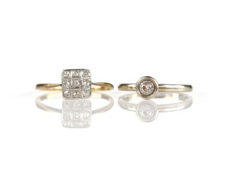 Two diamond rings; 1930's nine stone diamond cluster ring, set with old single cut diamonds, stamped 18 ct, ring size O, toge