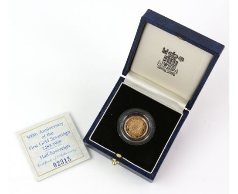 Royal Mint 500th Anniversary of the first Gold Sovereign 1489-1989 Half Sovereign Proof. With Certificate stamped 02315 in pr