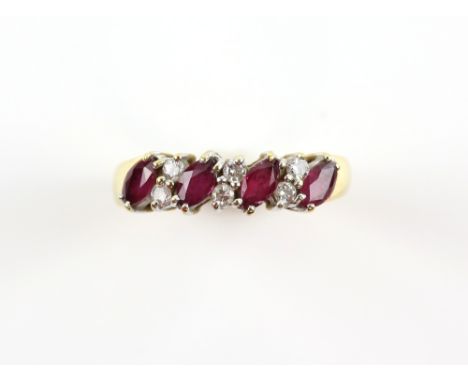 Modern ruby and diamond ring, four marquise cut rubies, each separated by two round brilliant cut diamonds, mounted in 18 ct 