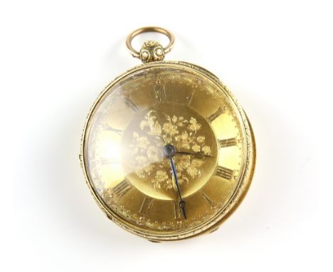 An 18 carat gold open faced, pocket watch, in foliate embossed case back and engine  turned sides The  gilt dial with central