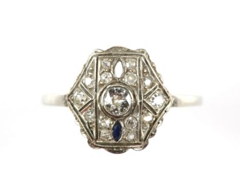 Art Deco, Austrian, sapphire and diamond ring, designed as a hexagonal plaque, with a central old cut diamond, surrounded by 