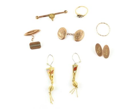 Group of jewellery including Oriental themed fan drop earrings testing as 18 ct or higher, ring with shank stamped 18 ct and 