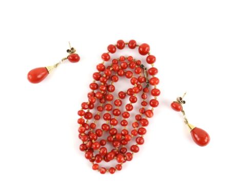 Pair of coral and pearl drop earrings with mounts testing as 14 ct, coral bead single-string graduated necklace with gilt met