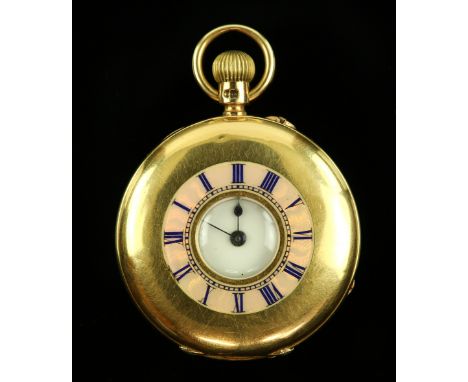 18 ct gold ladies half hunter pocket watch by JW Benson, case hallmarked London 1899, guilloché enamel chapter ring to front 