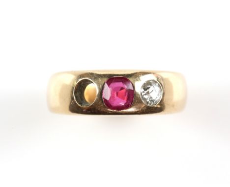 Late 19th C synthetic ruby and diamond ring, central cushion cut ruby, and an old cut diamond, rub-over set in a wide taperin