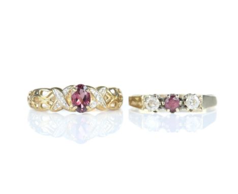 Two rings; three stone ruby and CZ ring, set in 9 ct gold, hallmarked Birmingham 1982, together with a tourmaline and diamond