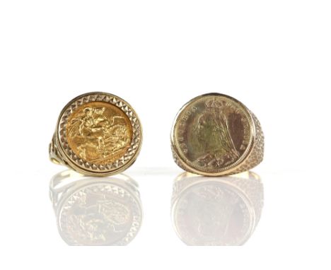 Two coin set rings, one set with a 1982 half sovereign, ring size Z and another similar with a soldered Victorian coin, size 