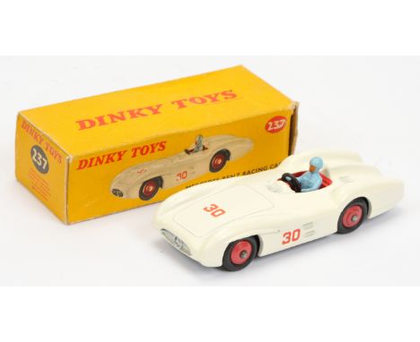 Dinky 237 Mercedes Racing Car - white body, red interior and rigid hubs with smooth tyres, light blue figure driver, silver t