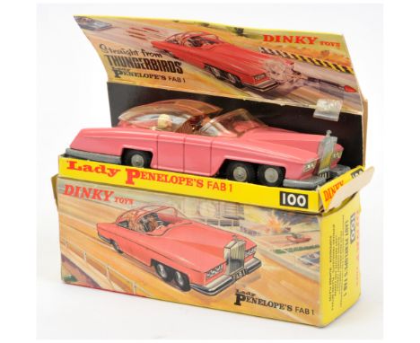 Dinky 100 Lady Penelope's FAB 1 - pink body with silver trim to headlamp surrounds, clear canopy with twin pink stripes, ligh