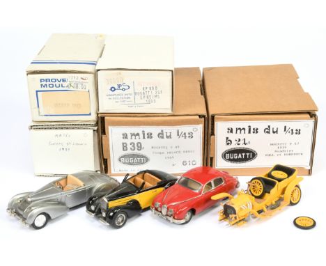 A mixed group of 1/43rd scale models including (1) Provence Moulage Jaguar MK1, (2) MA Collection MA78A 1939 Bugatti T57C Ste