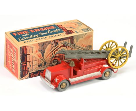 Morestone Fire engine with extending ladder - Red with silver platforms, gold hubs and complete with ladders Good plus to Exc