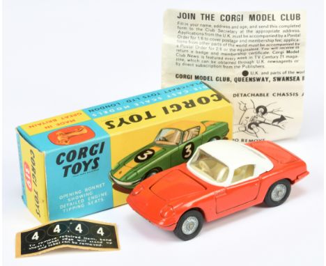 Corgi Toys 319 Lotus Elan Coupe - red body with white hood, off white interior, silver trim, detachable chassis with cast hub