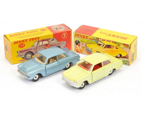 Dinky pair (1) 133 Ford Cortina Saloon 1965 - yellow (faded to sides), red interior, silver trim, chrome spun hubs (2) 139 Fo