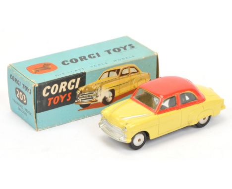 Corgi No.203 Vauxhall Velox Saloon - two-tone primrose yellow &amp; red body, flat spun hubs - Excellent Plus (minor marks to