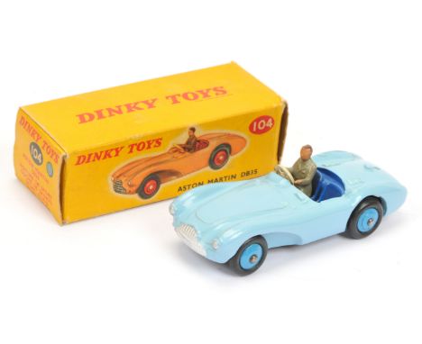 Dinky 104 Aston Martin DB3S - light blue, dark blue interior with driver,figure silver trim, mid-blue ridged hubs with smooth