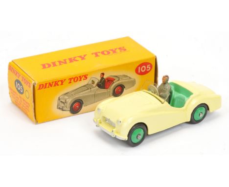 Dinky 105 Triumph TR2 Sports Car - pale yellow body, light green interior with driver figure, silver trim, mid-green ridged h