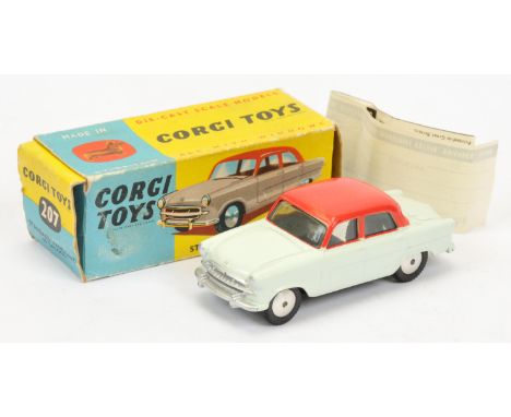 Corgi Toys 207 Standard Vanguard Saloon - two-tone red over pale green, silver trim and flat spun hubs - a few light rub mark